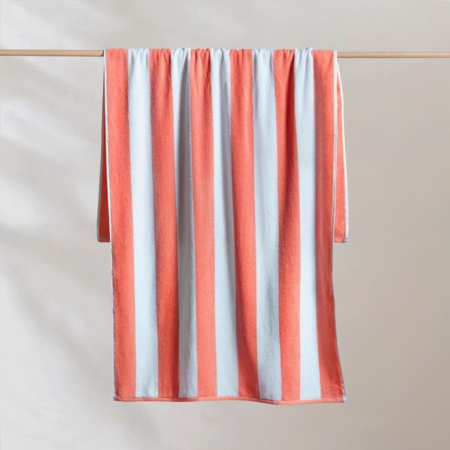 Striped Cabana Cotton Terry Beach Towel - Coral