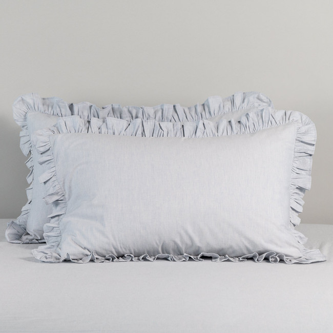 Softwash Cotton Ruffle Misty Blue Melange Pillowcase Pair - Vintage