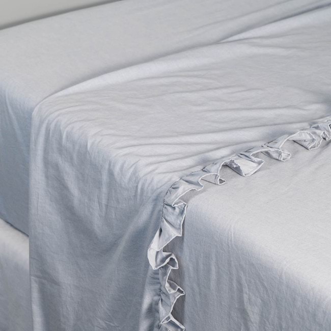 Softwash Cotton Ruffle Misty Blue Melange Flat Sheet - Vintage