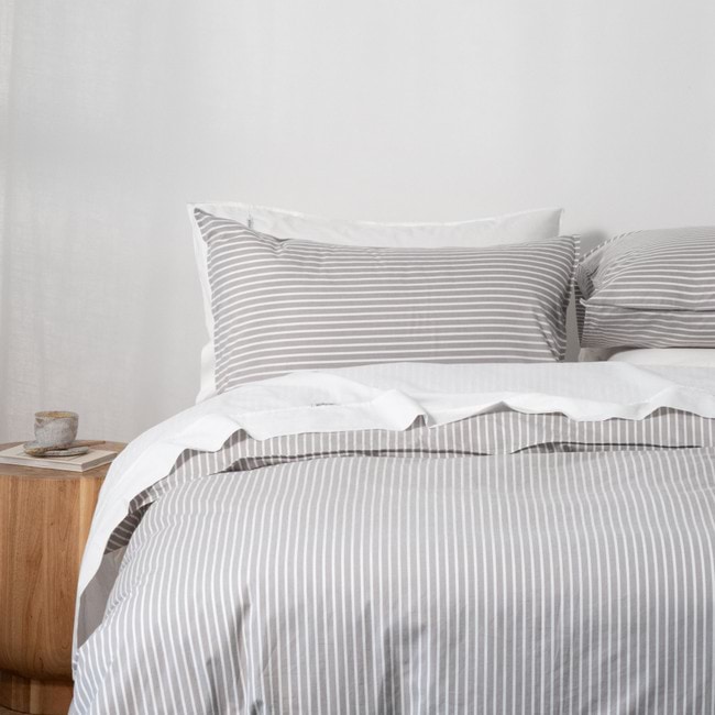 Modella Oxford Stripe Quilt Cover Set - Grey (Free Pillowcases)
