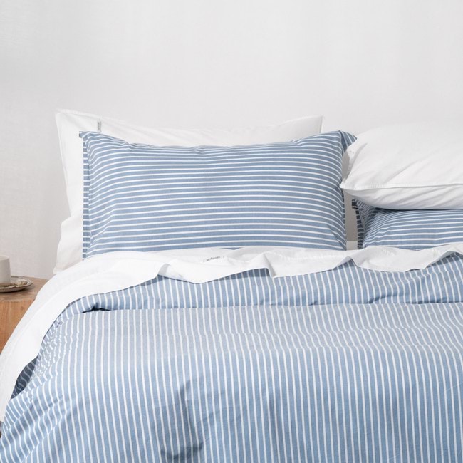 Modella Oxford Stripe Quilt Cover Set - Chambray (Free Pillowcases)