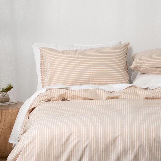 Modella Oxford Stripe Quilt Cover Set - Oak (Free Pillowcases)