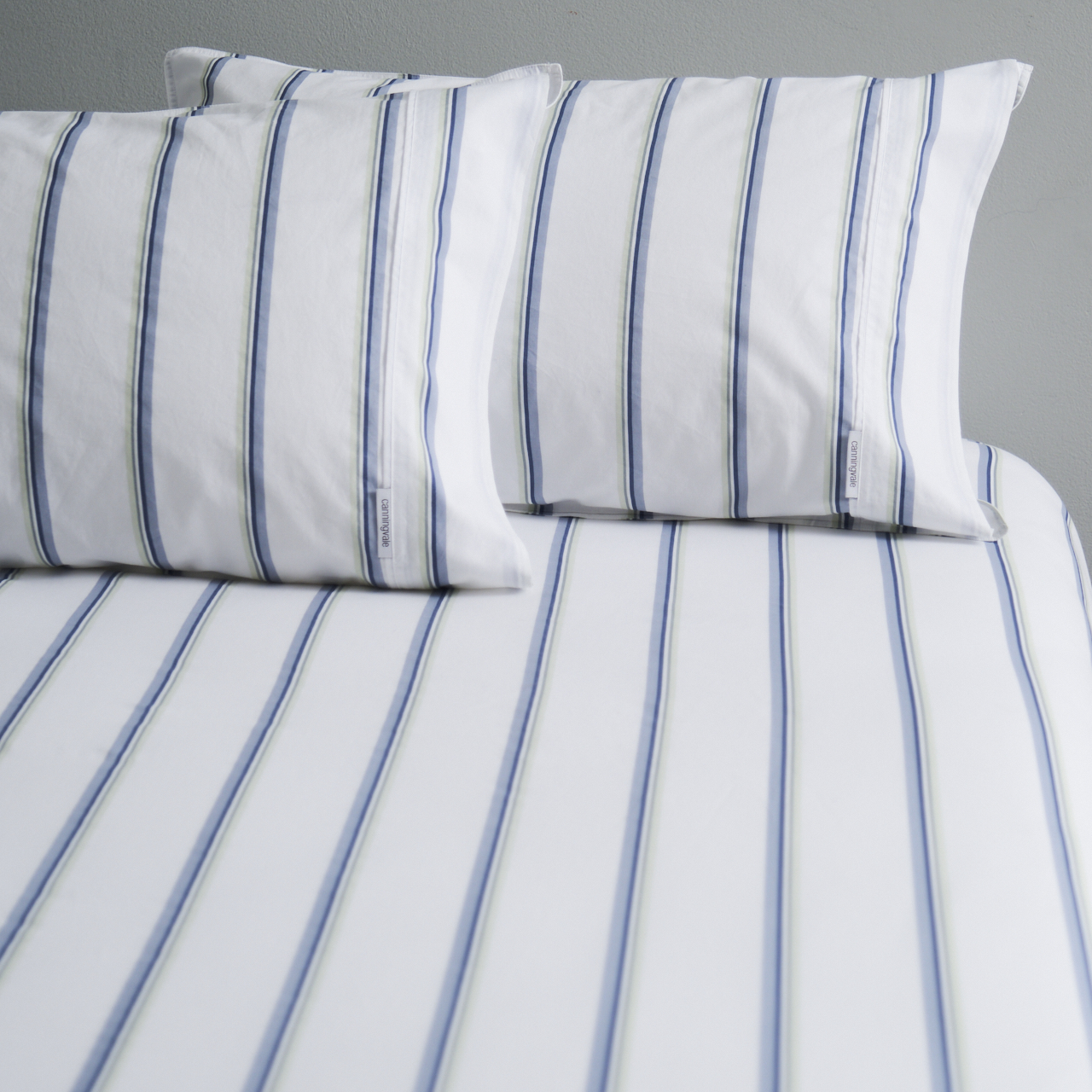 Vintage Softwash Cotton Stripe Fitted Sheet & Pillowcase Set - Denim/Green
